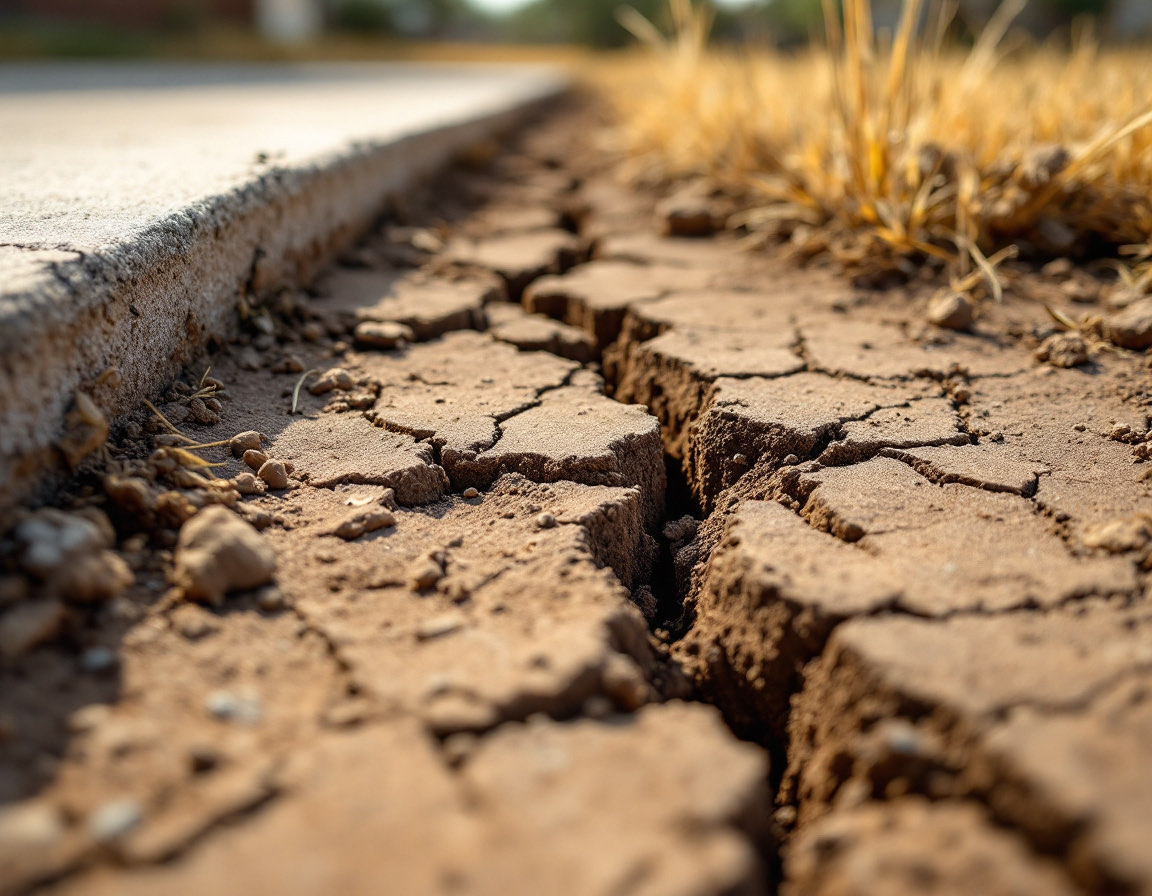 Drought cracks splitting dark clay soil at the exposed edge of a concrete house slab