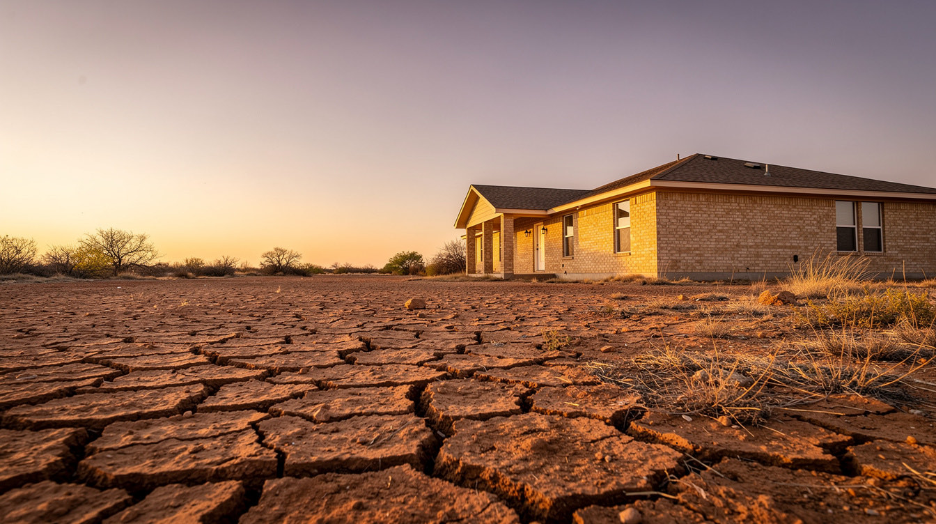 A single-story brick house on cracked clay ground outside San Angelo at dusk