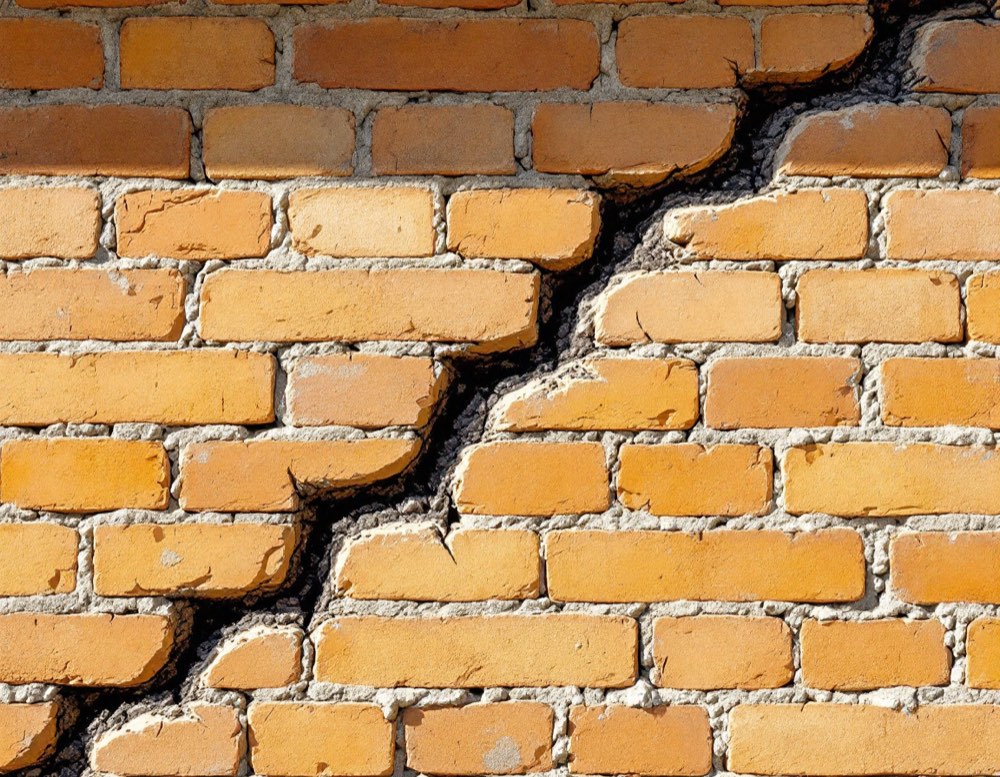 A crack climbing diagonally through the mortar joints of a tan brick wall in a staircase pattern