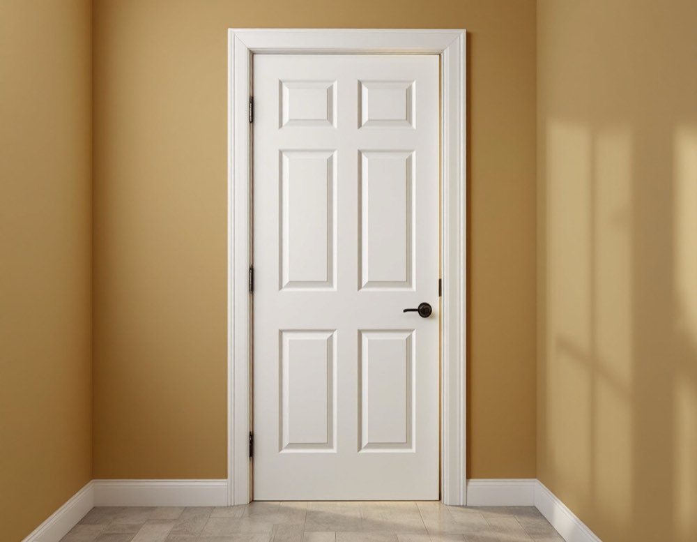 A closed interior door sitting out of square in its frame, the jamb rubbed bare where it drags