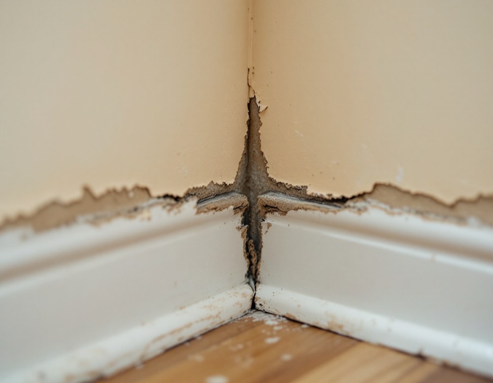A baseboard pulled away from the wall with the mitred corner joint opened up