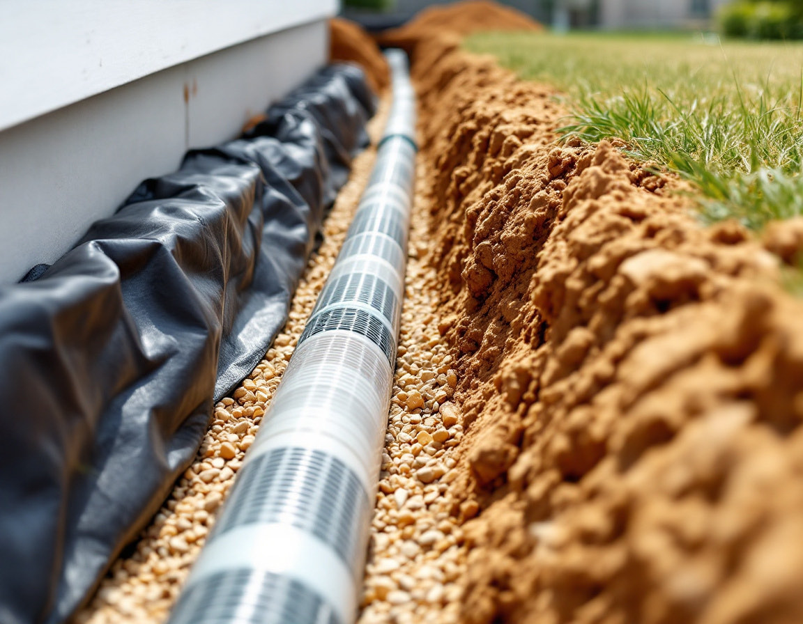 A perforated drain pipe bedded in gravel in a trench running away from a house