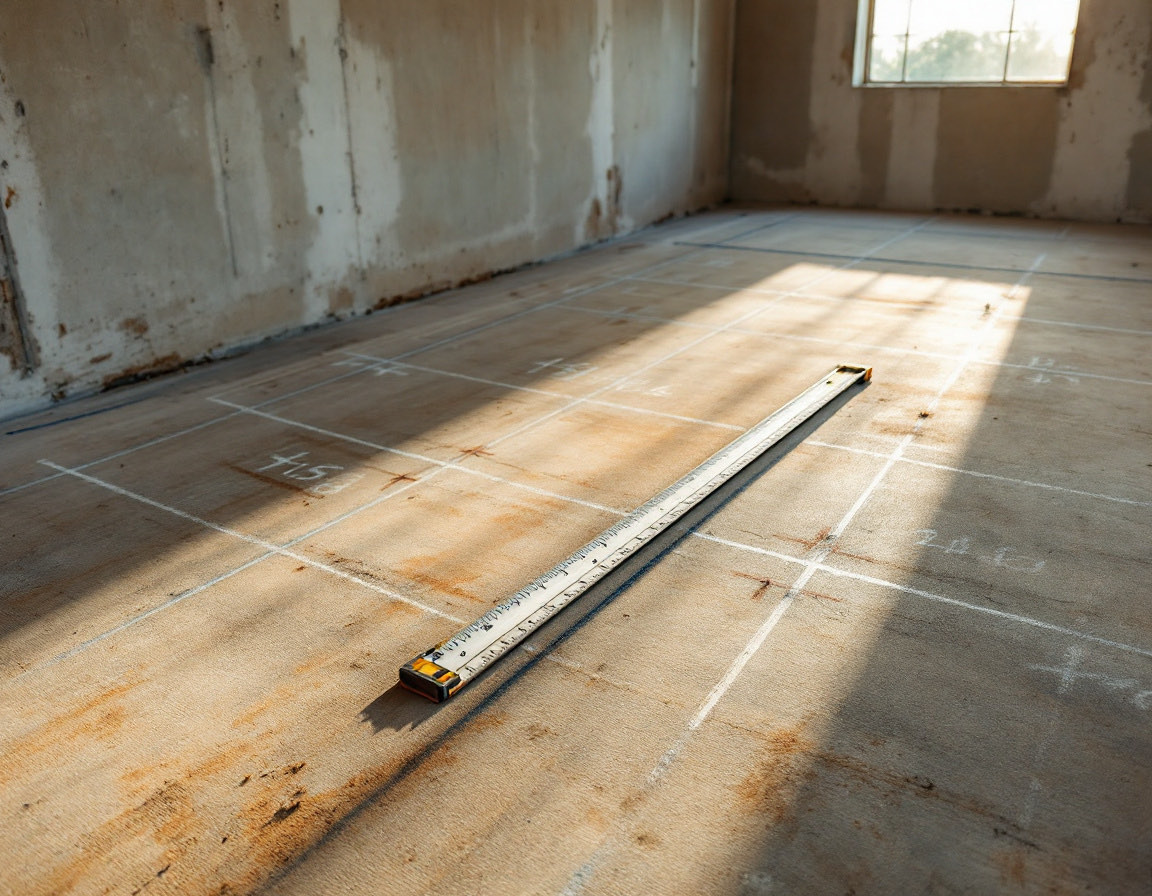 A bare concrete slab chalked out in a survey grid with elevation figures written at each point