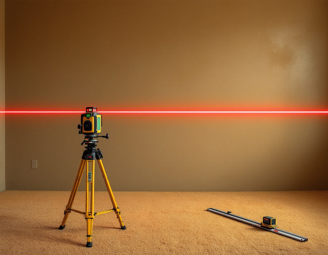 A rotary laser level on a tripod casting a level line across the wall of an empty room
