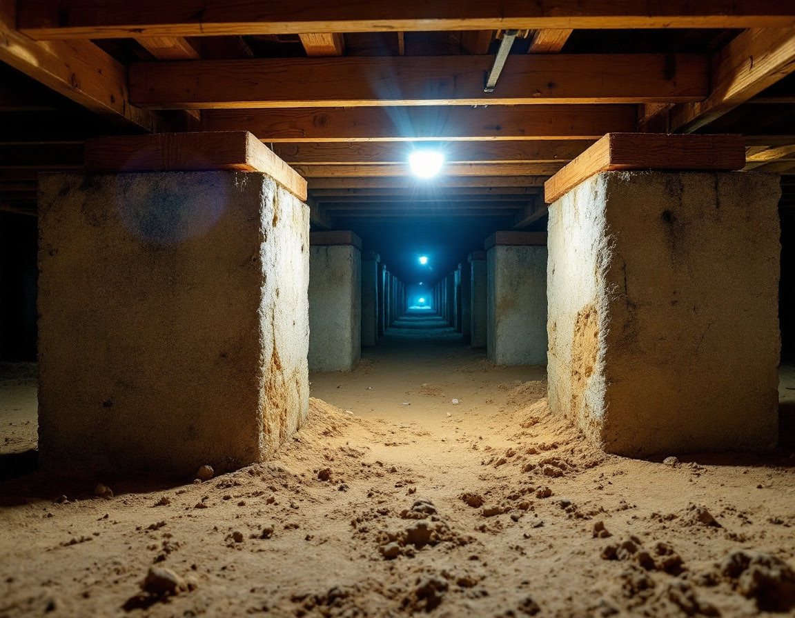 Wooden floor beams carried on concrete block piers in the crawl space under a house