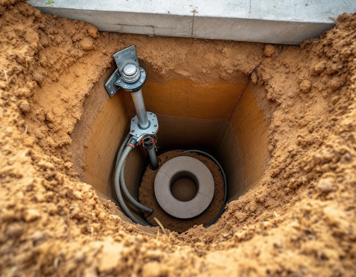 A steel push pier and bracket set in an excavated pit against the edge of a concrete slab