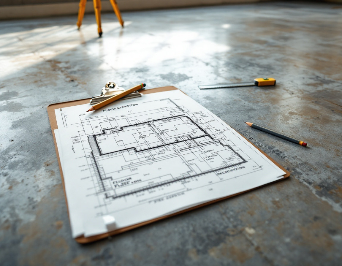 A floor elevation drawing and pier plan on a clipboard resting on a bare concrete slab